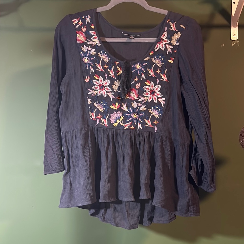 American Eagle Outfitters Blue Embellished Peplum Blouse
